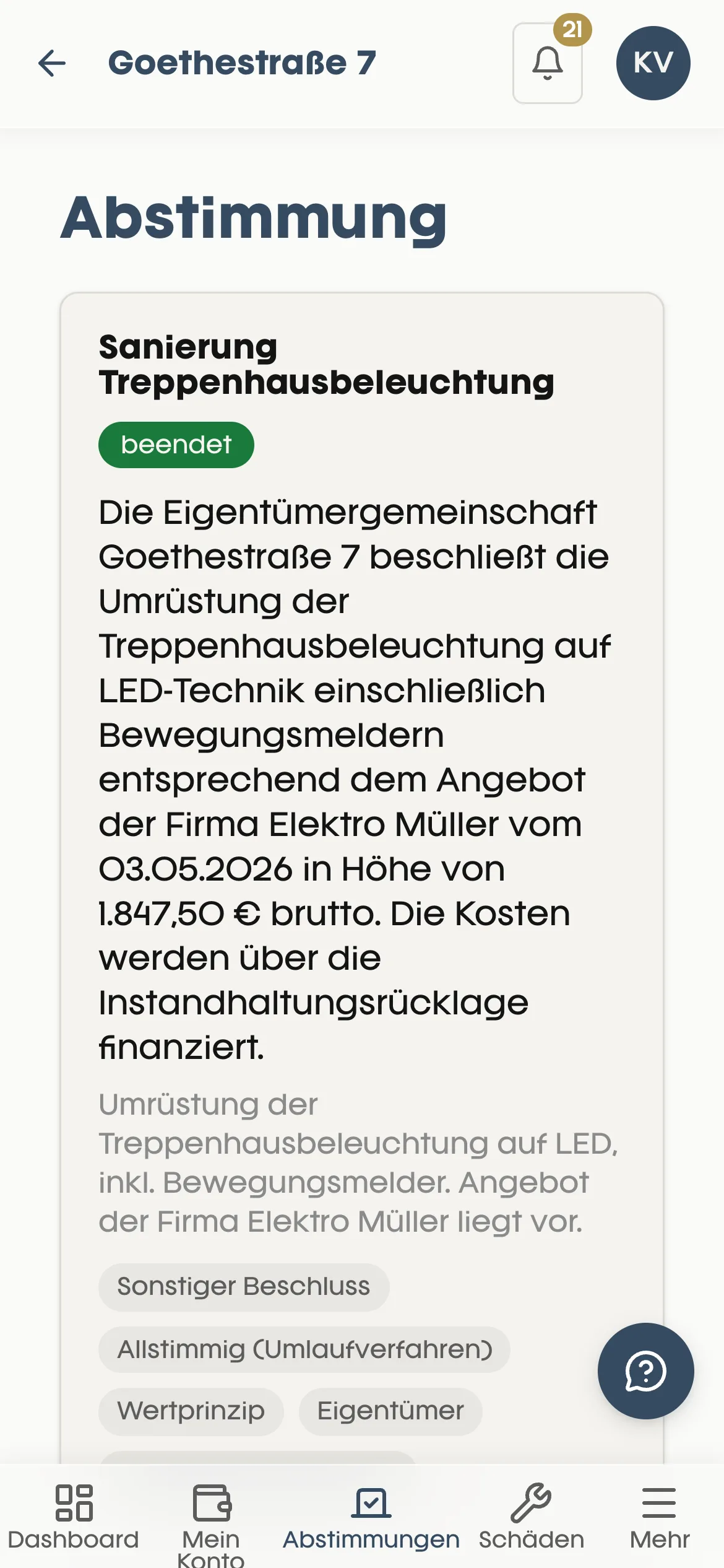 Saleo App, Abstimmung im Detail: Umlaufbeschluss zur Sanierung der Treppenhausbeleuchtung auf LED, beendet