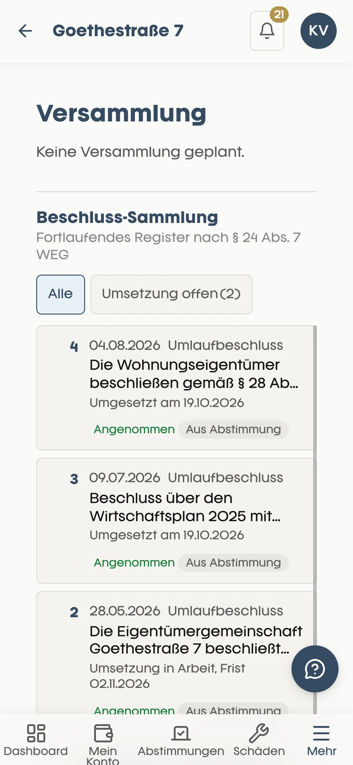 Saleo App, Versammlung und Beschluss-Sammlung nach § 24 Abs. 7 WEG mit angenommenen Umlaufbeschlüssen und Stand der Umsetzung
