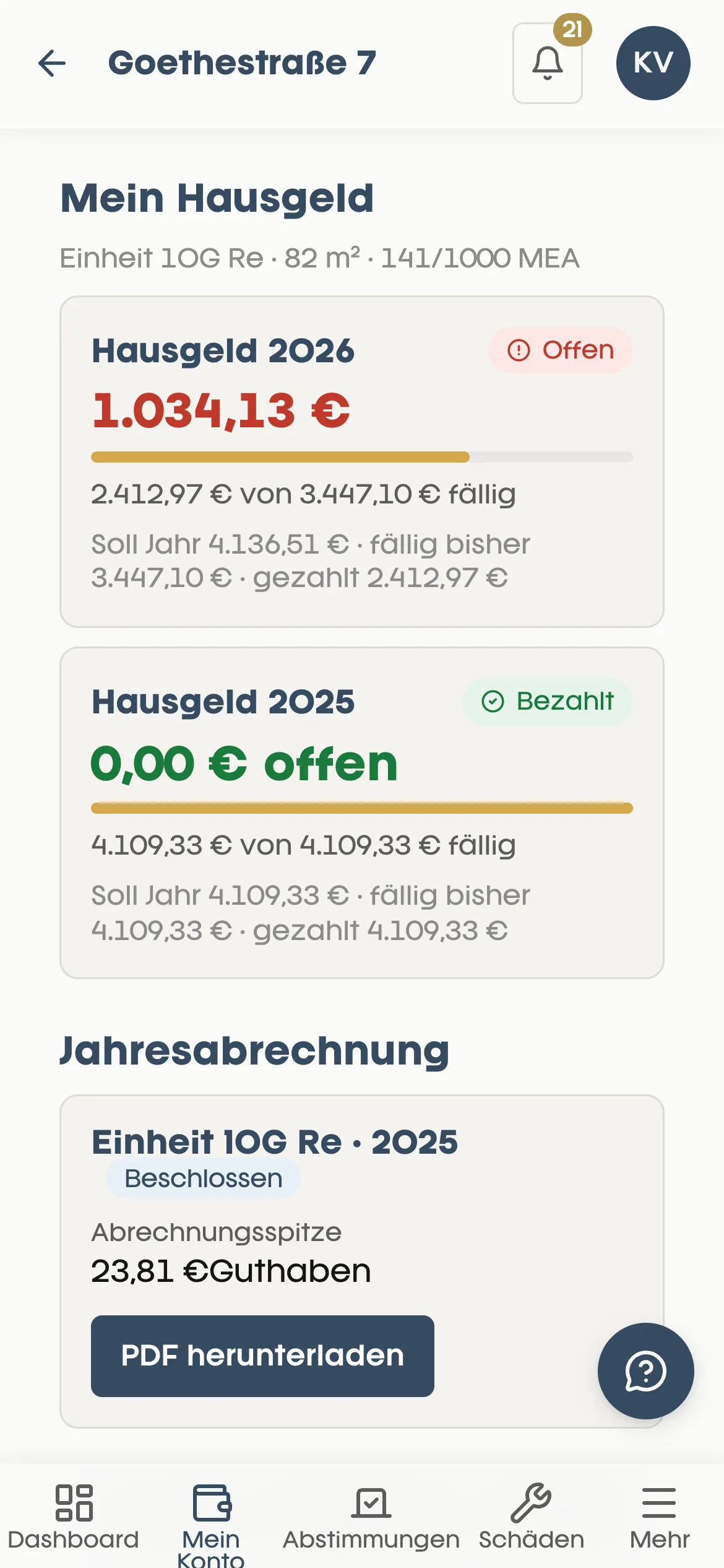 Saleo App, Mein Konto: Hausgeld 2026 und 2025 einer Wohnung mit Soll, fälligem und gezahltem Betrag