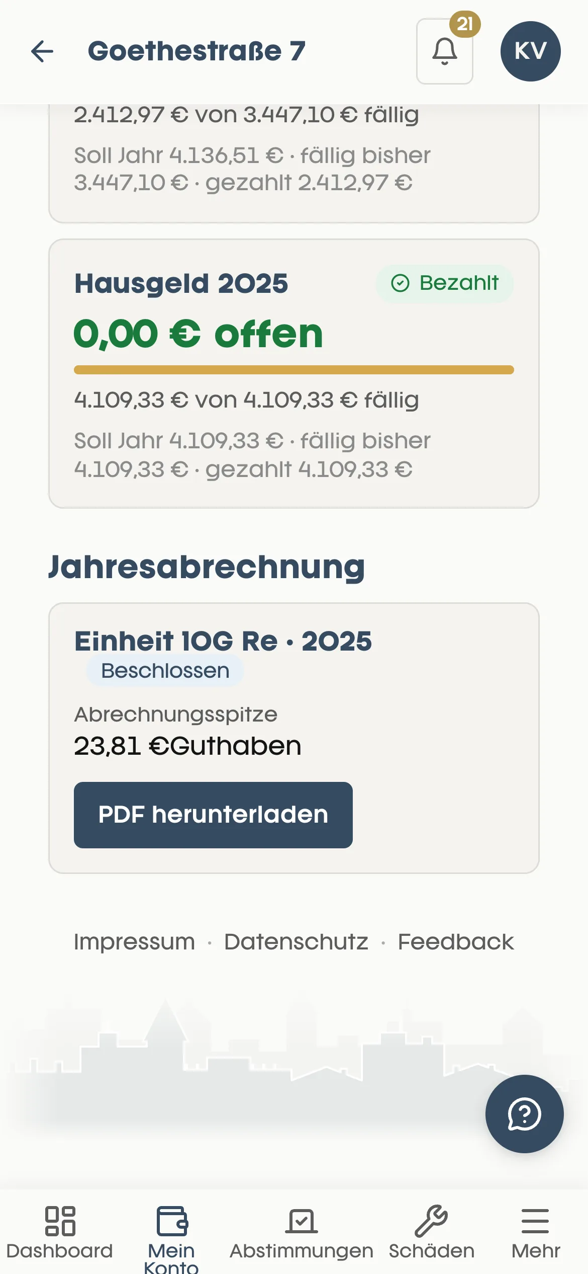 Saleo App, Mein Konto: Hausgeld 2025 bezahlt und beschlossene Jahresabrechnung 2025 mit Guthaben und PDF zum Herunterladen
