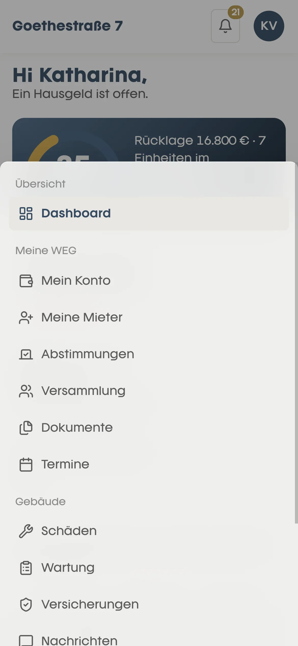 Saleo App, Menü einer Eigentümerin: Mein Konto, Meine Mieter, Abstimmungen, Versammlung, Dokumente, Termine, Schäden, Wartung, Versicherungen