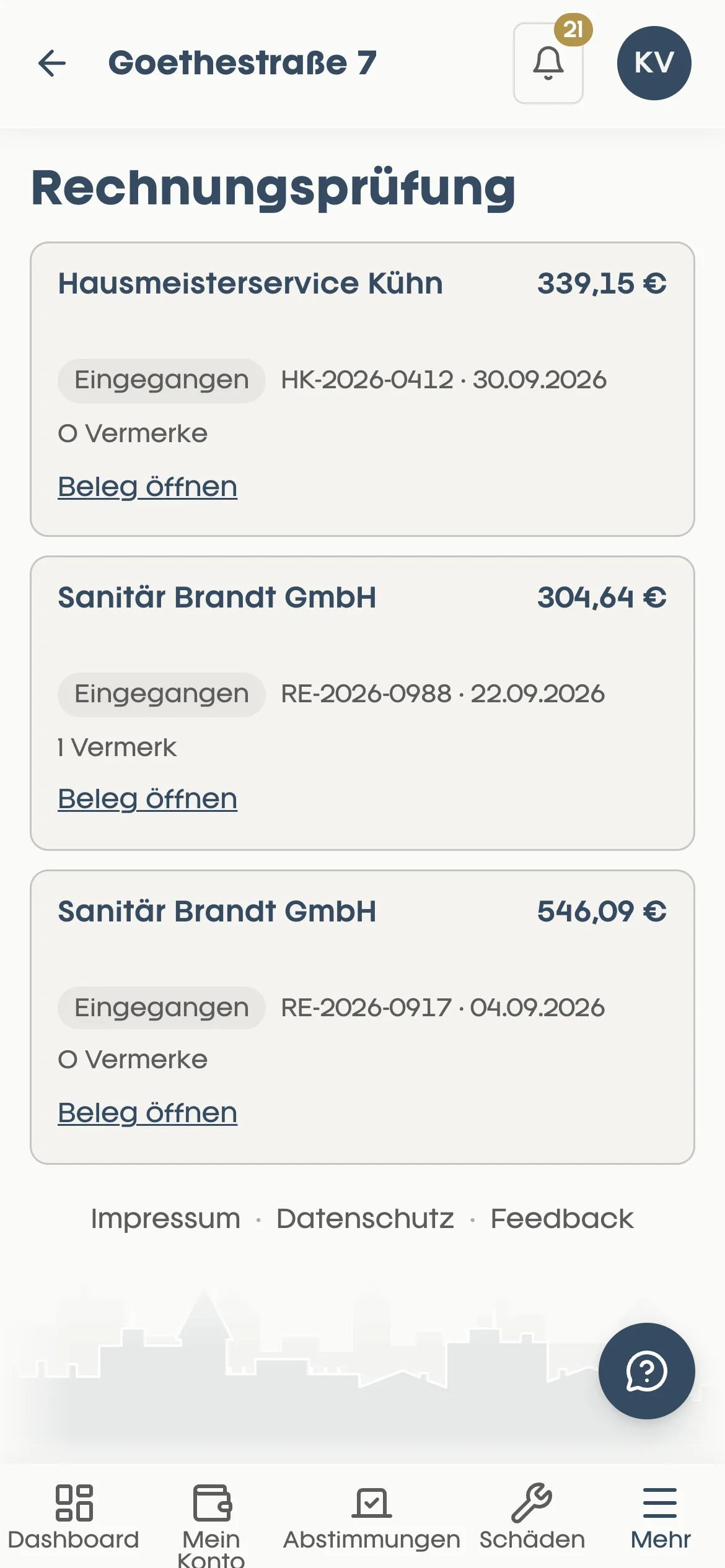 Saleo App, Rechnungsprüfung für den Verwaltungsbeirat: eingegangene Rechnungen der WEG mit Betrag, Rechnungsnummer, Vermerken und Beleg