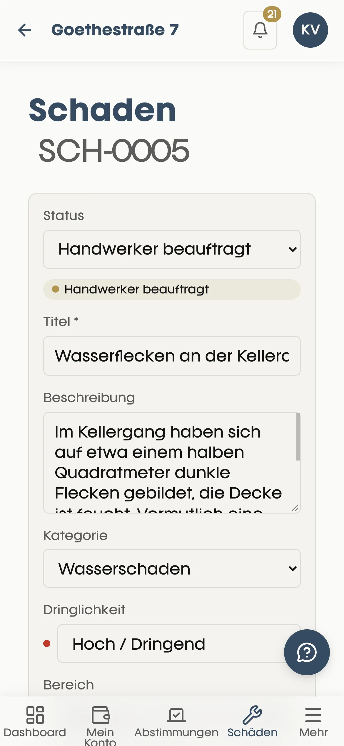 Saleo App, Schaden SCH-0005: Wasserschaden im Keller mit Status Handwerker beauftragt und Dringlichkeit hoch