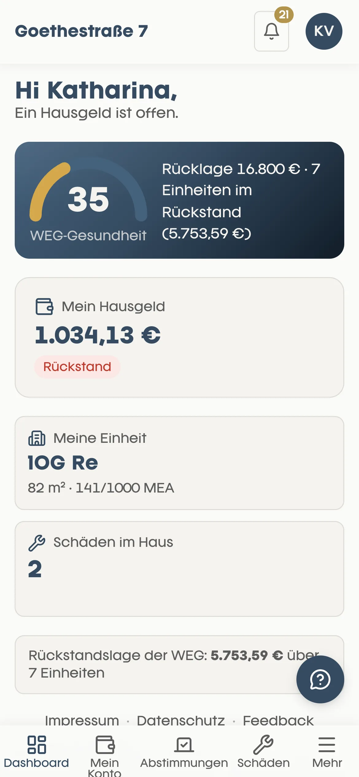 Saleo App, Übersicht einer Eigentümerin der Goethestraße 7: WEG-Gesundheit, Rücklage, Hausgeld, Einheit und Schäden im Haus